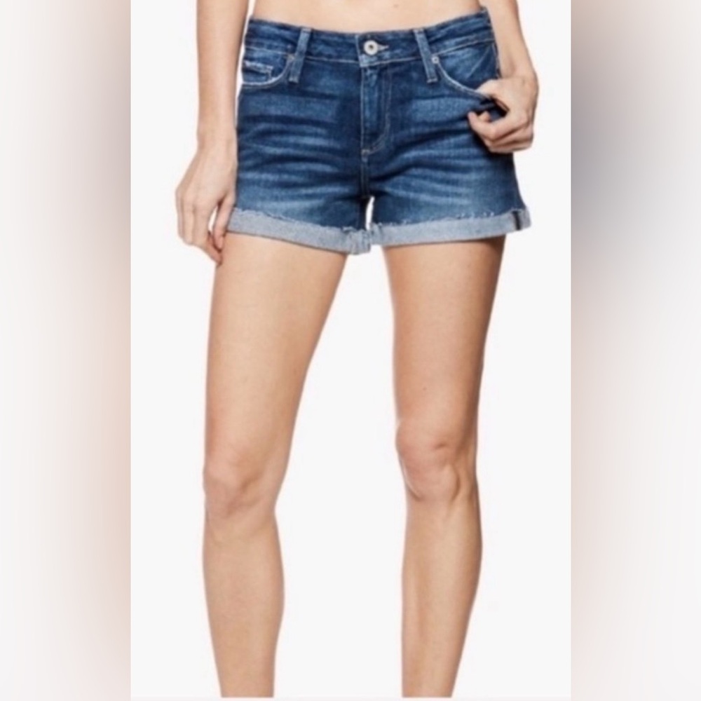 Paige Jimmy Jimmy Denim Mid-Rise Shorts Size 27 Whiskered Frayed Hem